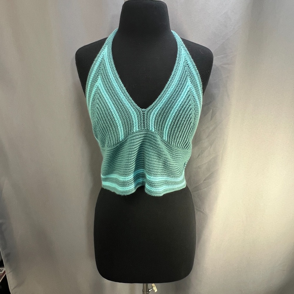 Stitch & Pine Crochet Halter Top Womens Large Teal Rib Knit Adjustable Tie-back